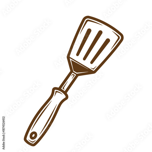 brown illustration of a kitchen spatula with a long handle on white background  cooking utensil
