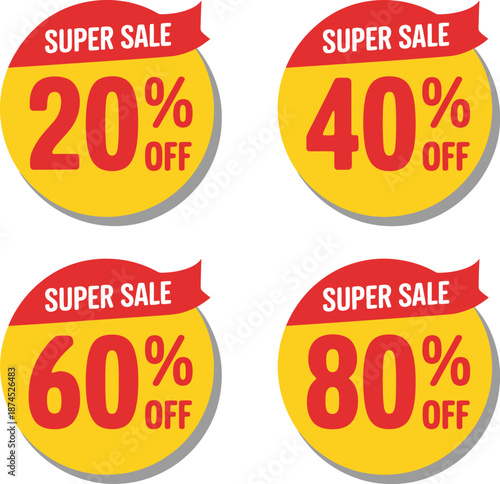Collection of various percentage super sale discount labels for seasonal promotions