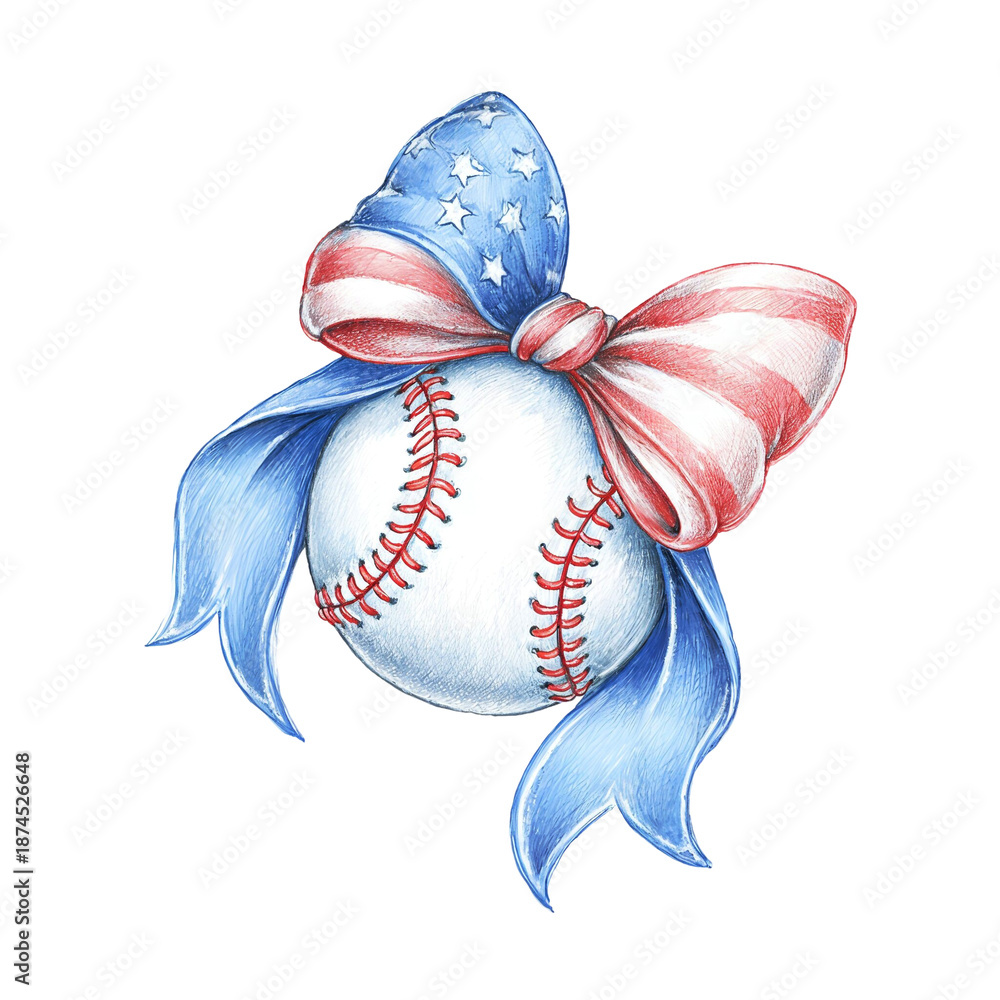 Fototapeta premium Illustration of baseball with American flag ribbon bow, patriotic 4th of July sports clipart in watercolor style on a white background. 