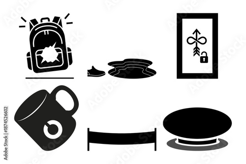 Surprise and Reward Icons - Jack in Box, Open Package, Iced Drink, Wilted Flower, Scissors and Trophy Silhouettes
