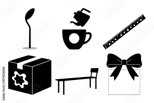 Kitchen and Gift Icons - Ladle, Pouring Teapot, Ruler, Box, Bench and Ribbon Present Silhouettes
