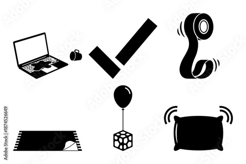 Direction Weather and Time Icons - Stairs, Wobbly Table, Signpost, Umbrella Rain, Clock and Lightning Silhouettes