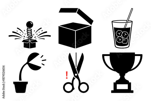 Mystery Adventure Icons - Backpack, Portal Hole, Locked Door, Tilted Mug, Bed and Platform Silhouettes