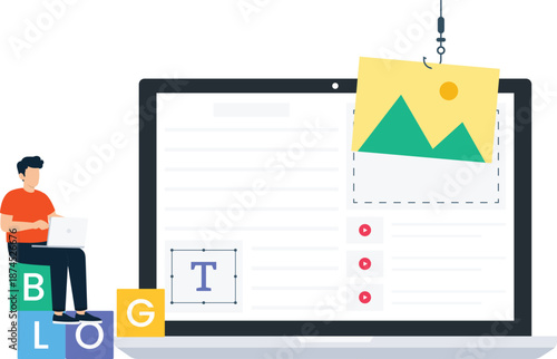Content creation blog writing digital marketing web publishing online article media management search engine optimization flat design modern concept laptop computer