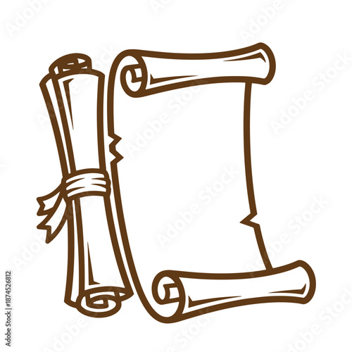 Brown illustration of a rolled up parchment and a tied bundle of scrolls on white background