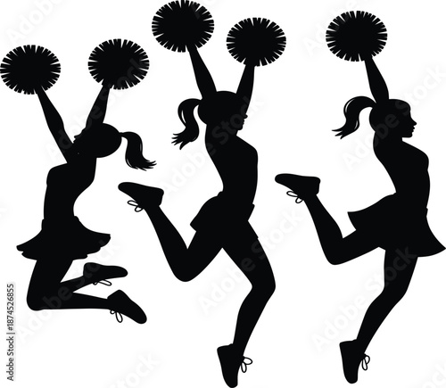Three cheerleader silhouettes jumping with pom poms, high energy team spirit dance performance vector illustration set