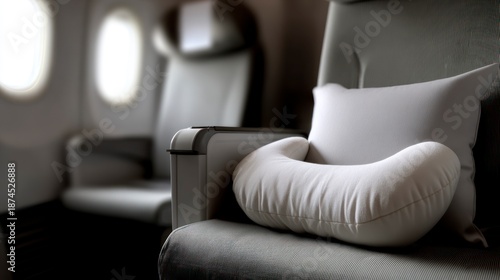 Slumber's whisper a neck pillow waits on the empty Airplane seat for a Journey