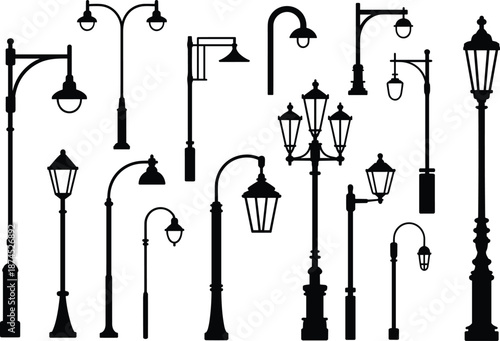 Vintage and modern street lamp silhouettes, urban lighting icons, decorative lamp post collection, city streetlight set for design, architecture elements