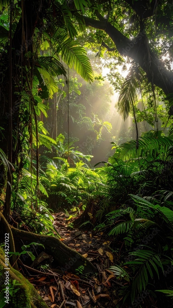 Fototapeta premium Lush Green Tropical Jungle with Sunlight and Misty Atmosphere