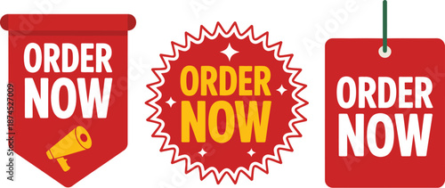 Set of three distinct red 'Order Now' banners, tags, and stickers for online promotions and calls to action