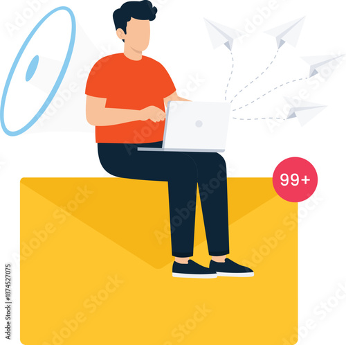 Man sending email marketing digital communication newsletter campaign flat design business outreach notification alert paper airplane laptop user modern technology