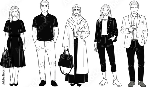 Modern fashion diversity, group illustration, cultural attire, casual style, formal wear, hijab outfit, blazer, dress, pants, character design
