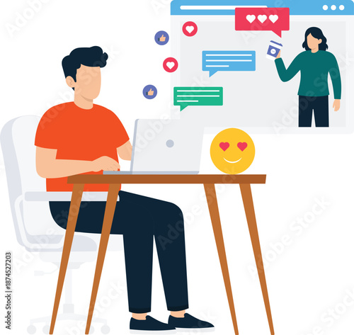 social media, online communication, virtual meeting, digital marketing, remote work, video conference, man laptop, chatting online, customer engagement, flat design, internet connection