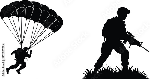 Military soldier silhouette with parachute and special forces tactical operator with rifle, army combat vector illustration