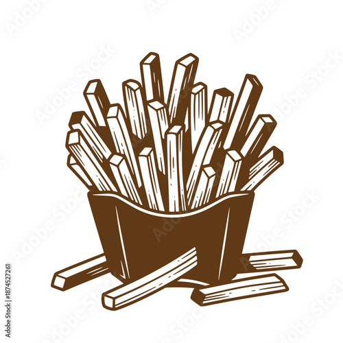 brown illustration of french fries in a container on white background