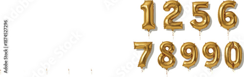 Set of gold metallic foil number balloons from zero to nine isolated on white background for anniversary celebrations.