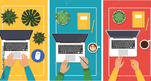 Workspace illustration, top-down view, laptop setup, writing hands, coffee cup, notebook, plant decor, colorful panels, productivity, desk scene