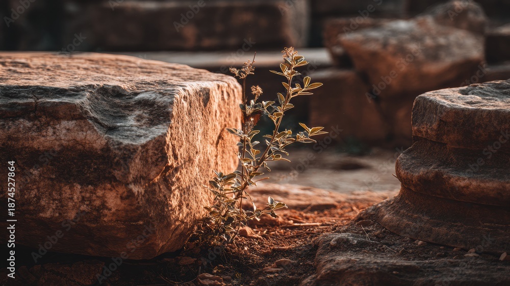 Fototapeta premium Plants grow between eroded stone blocks as nature reclaims a once populated area, showing the passage of time in a forgotten place.