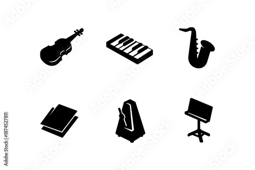 Music instrument silhouettes: violin, keyboard, saxophone, sheet music, metronome, stand