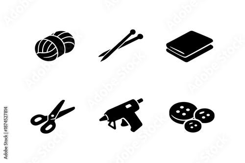 Crafting essentials icons: yarn, needles, knitting book, scissors, glue gun, buttons