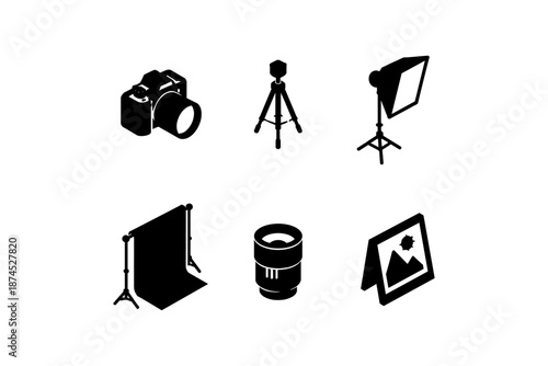 Photography equipment silhouette icons: camera, tripod, lighting, backdrop