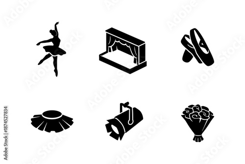 Elegant ballet icons: silhouette style of dancer, stage, slippers, and theatre elements