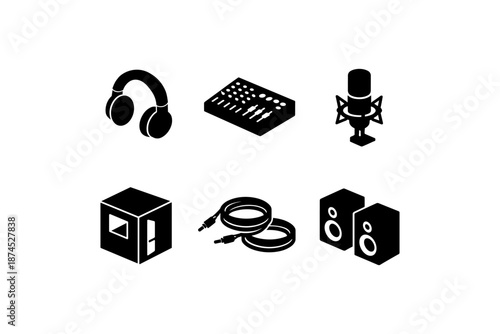 Essential audio equipment collection: icons of headphones, mixer, microphone, studio booth, cables, speakers