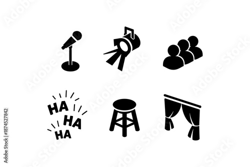 Comedy show icons: microphone, spotlight, audience, laughter, stool, curtains