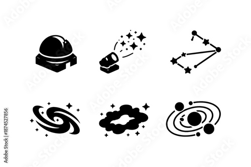 Minimalist astronomy icons set: telescope, constellations, galaxy, solar system
