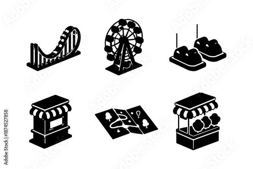 Black and white amusement park icons: roller coaster, ferris wheel, bumper cars