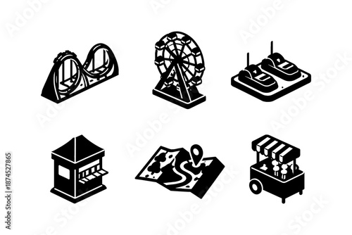 Amusement park icons in bold isometric style for fun and entertainment design projects