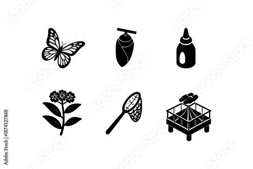 Silhouette icons of butterfly lifecycle with net and hive in minimalist design