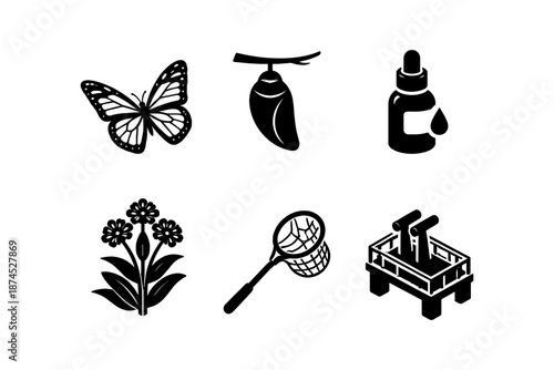 Nature and transformation symbols: butterfly, cocoon, and nature-related icons in black silhouette style