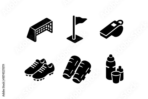 Essential football icons: gear and accessories in black silhouette