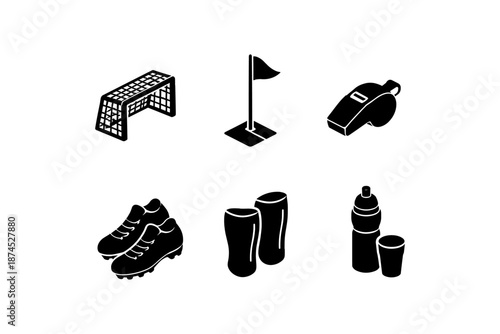 Soccer equipment icons set: silhouette style with boot, whistle, goal, water bottle