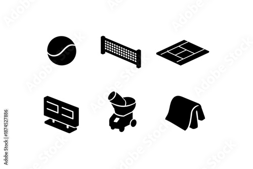 Silhouette icons of sport equipment: ball, net, racquet, court, machine