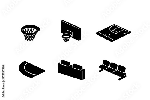 Minimalist basketball set: court, hoop, and bench elements