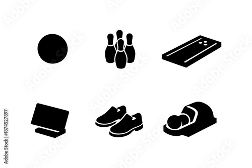 Bowling equipment and icons in simple silhouette design