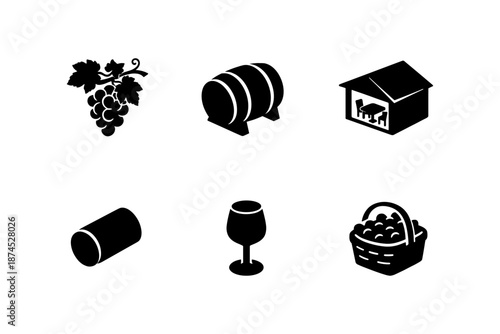 Winery icons: grapes, barrel, vineyard house, wine bottle, glass, basket