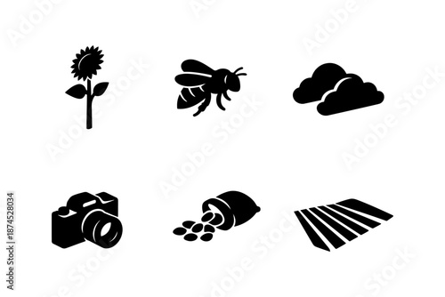 Icon set featuring nature and agriculture: sunflower, bee, clouds, camera, seeds, and field