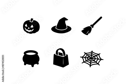 Halloween icons: pumpkin, witch hat, broom, cauldron, candy bag, spider web silhouette set
