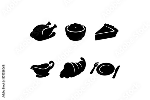 Thanksgiving dinner silhouettes: turkey, pie, gravy, and more