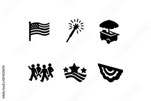 Independence day icon set: flag, sparkler, food cart, parade, stars, bunting