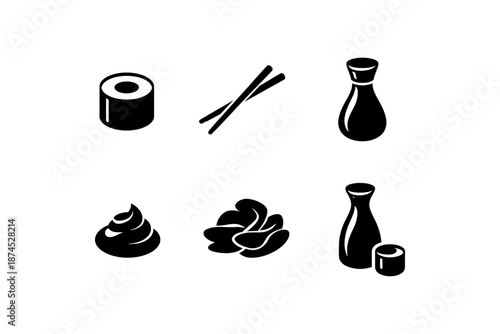 Minimalist icons of asian food essentials including sushi, soy sauce, and chopsticks