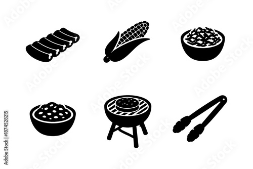 Barbecue icons: ribs, corn, baked beans, grill, bbq tongs in silhouette style