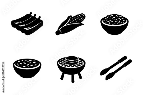 Black and white bbq icons featuring ribs, corn, beans, grill, and tongs