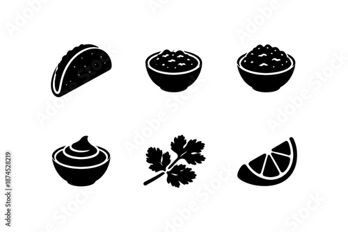 Mexican food icons in silhouette style featuring taco, salsa, guacamole, and lime