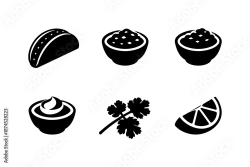 Mexican food icons set: taco, salsa, guacamole, sour cream, cilantro, lime