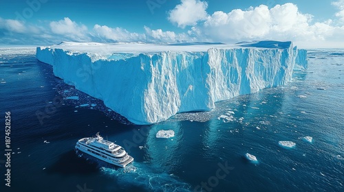 Cruising through icy waters near massive Antarctica iceberg during a sunny polar expedition adventure