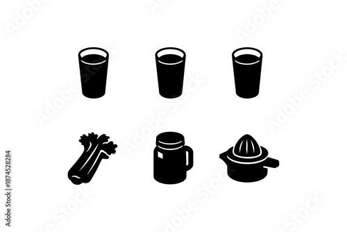Silhouette icons of juice glasses, celery, jar, and citrus juicer